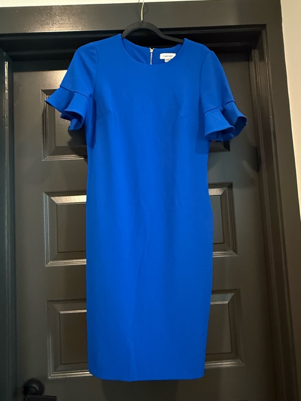 Calvin Klein Cobalt Blue Ruffle Sleeve Sheath Dress